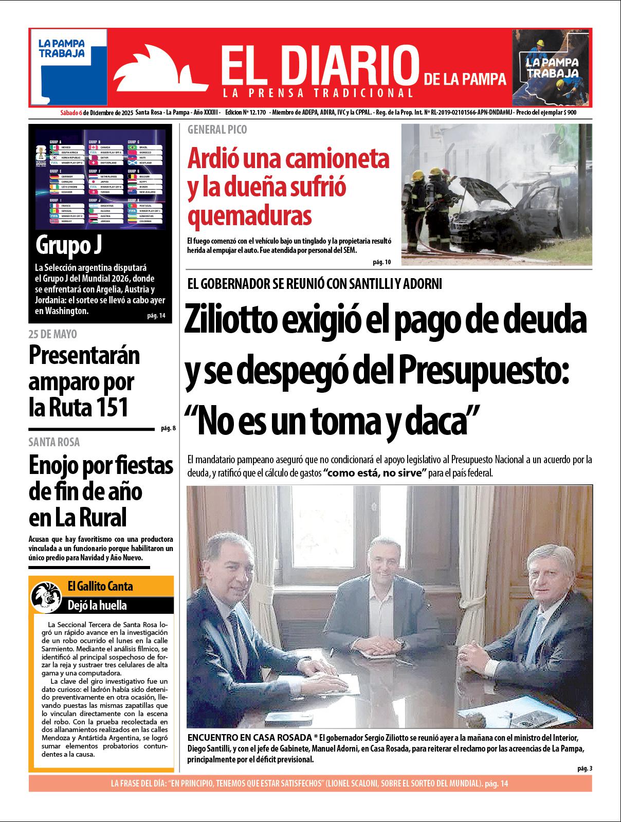 Tapa de El Diario en papel  saacutebado 06 de diciembre de 2025